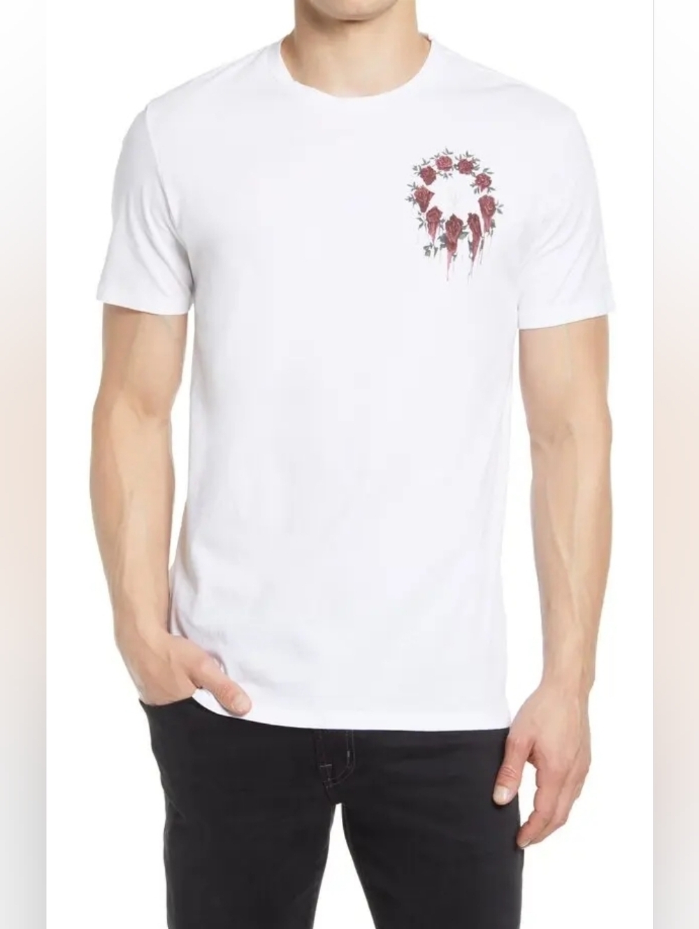 All Saints White Short Sleeve Tee with Red Rose Wreath Size L BNWT